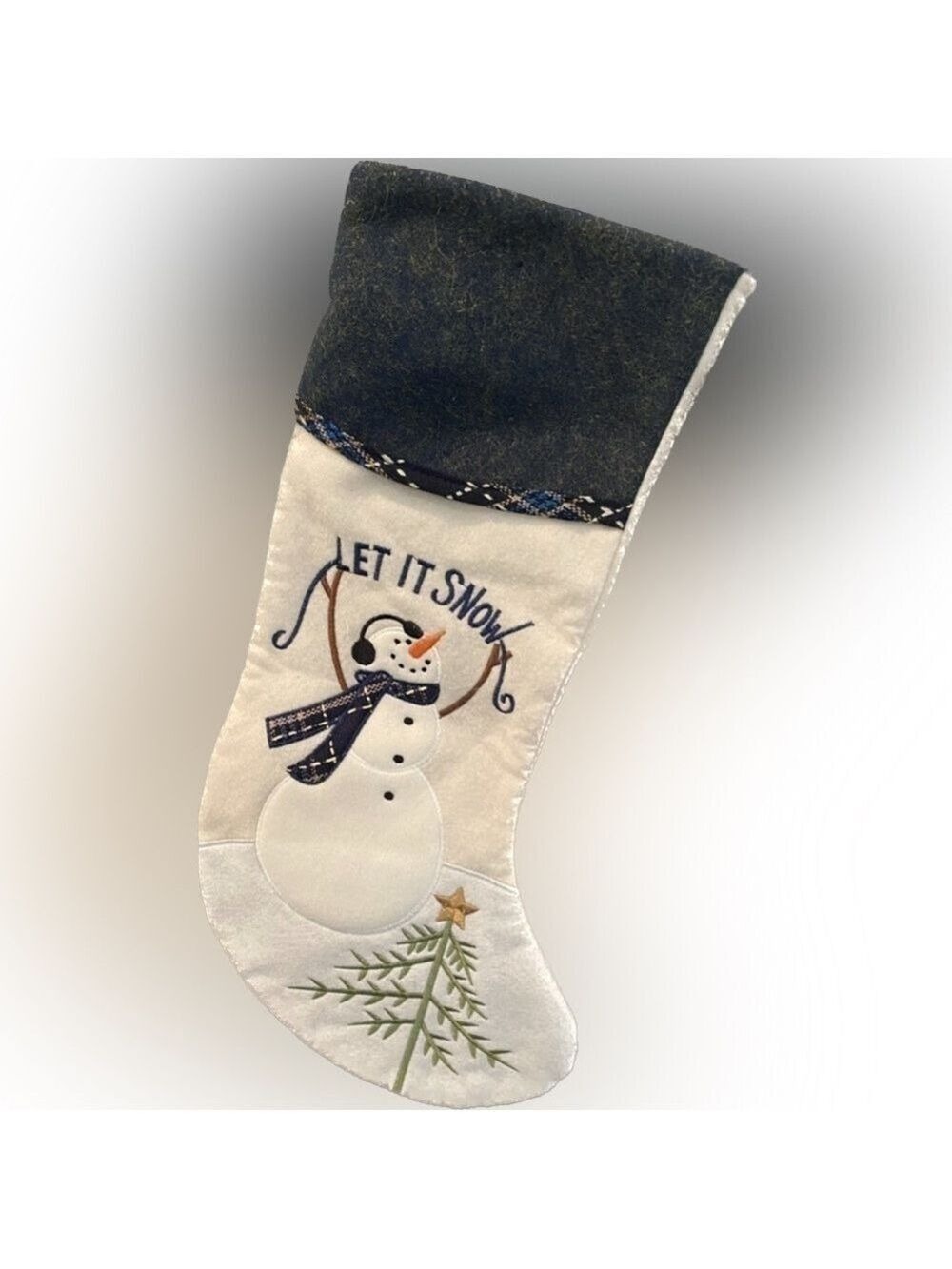 Christmas Stocking. ‘Let It Snow’ monogrammed Off white Cute Snowman & Tree